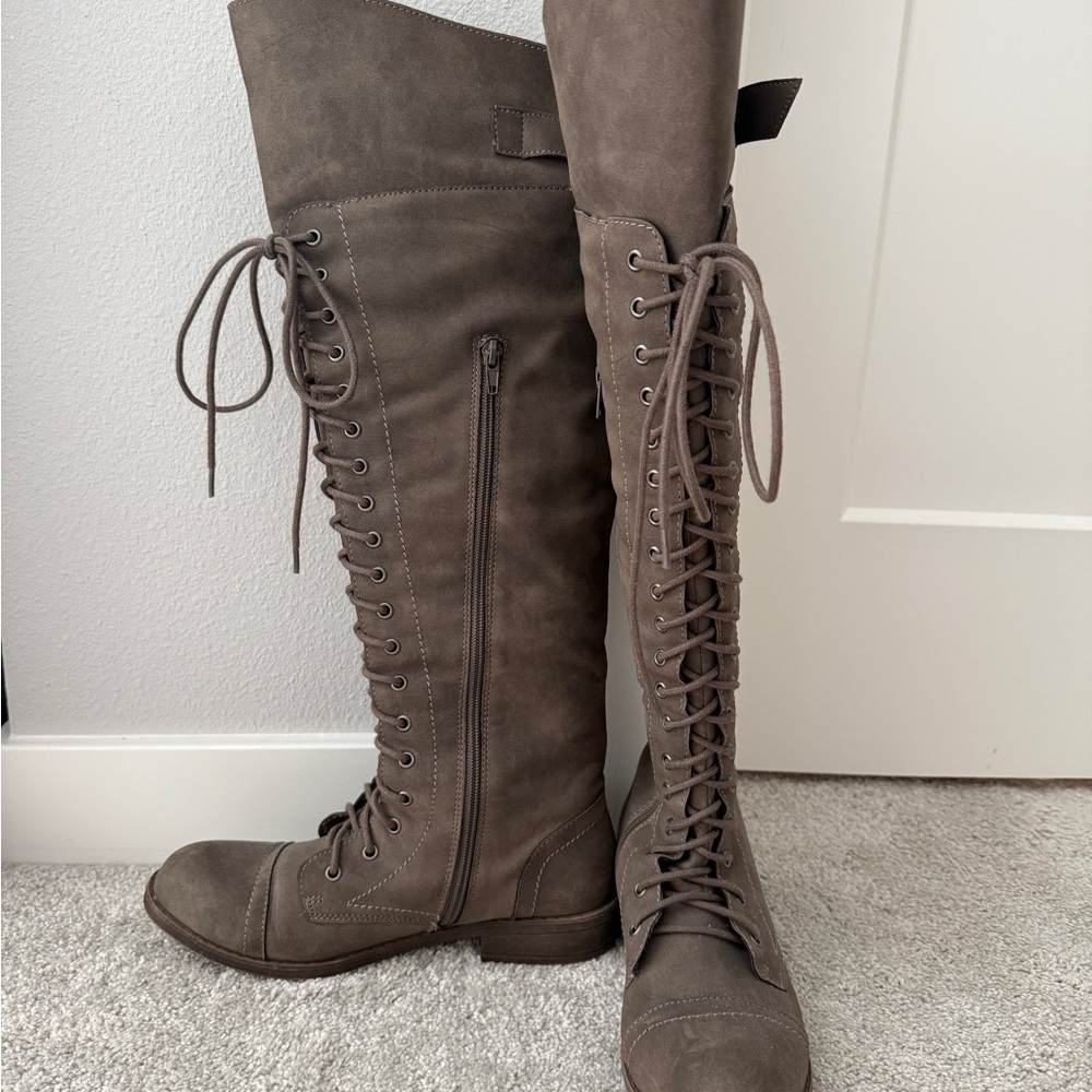 Madden Girl Taupe Over the Knee Lace-Up Boots